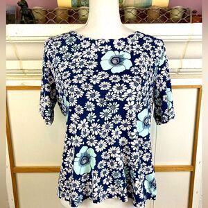 Talbots Scalloped neck Floral Blue and White Pima cottonTop
